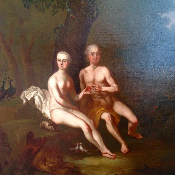 Old oil painting of a nude man and woman seated beneath a tree with a serpent, with a lion lying nearby and doves in the foreground.