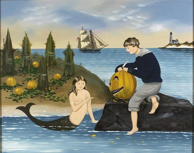 Le peintre du Massachusetts Ralph Cahoon (1910-1982), Américain d'origine néerlandaise, débuta comme décorateur de meubles, mais trouva assez vite son sujet : des motifs naïfs et populaires peuplés de sirènes