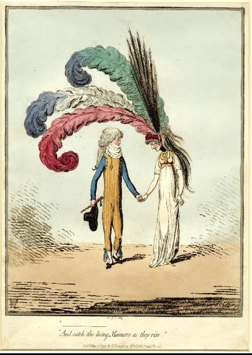 Coloured caricature: a man in a striped suit and a woman in a white high-waisted dress walk hand in hand beneath enormous multicoloured feathers.