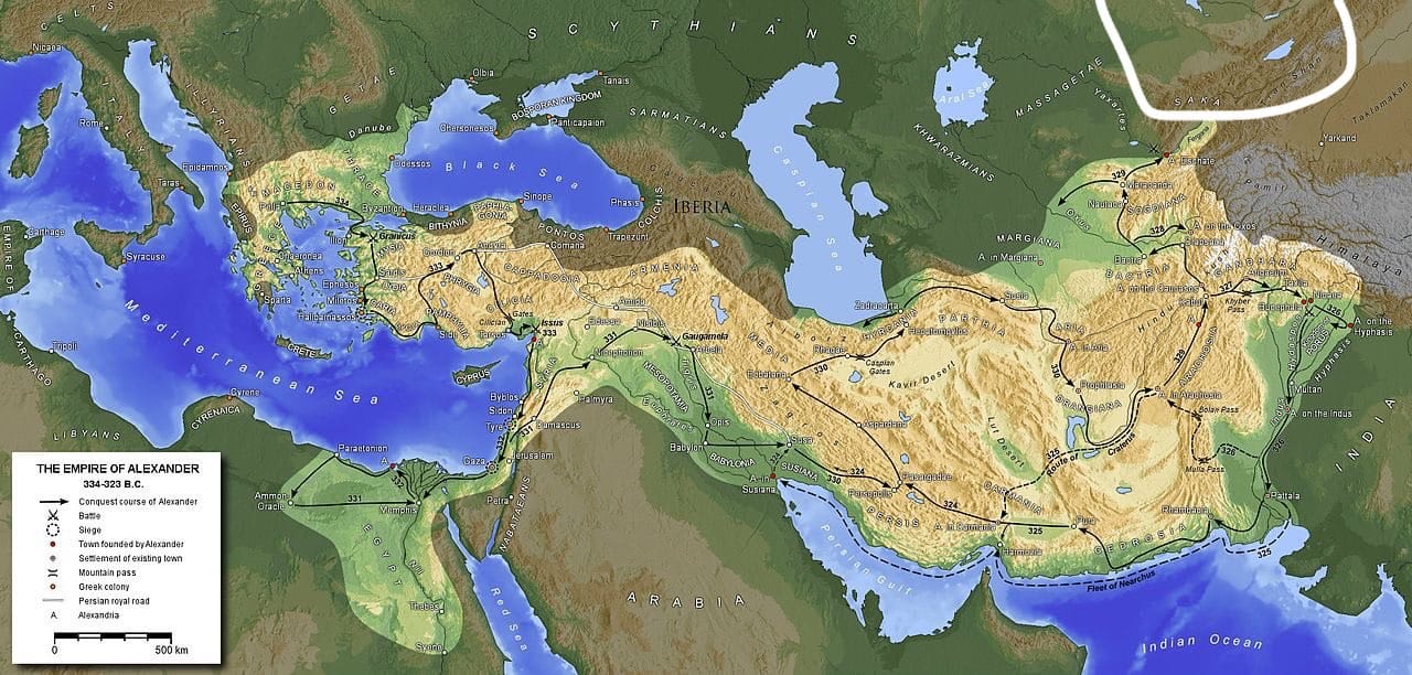 The Kapchagay Reservoir, created in 1969, on a map of Alexander the Great's empire