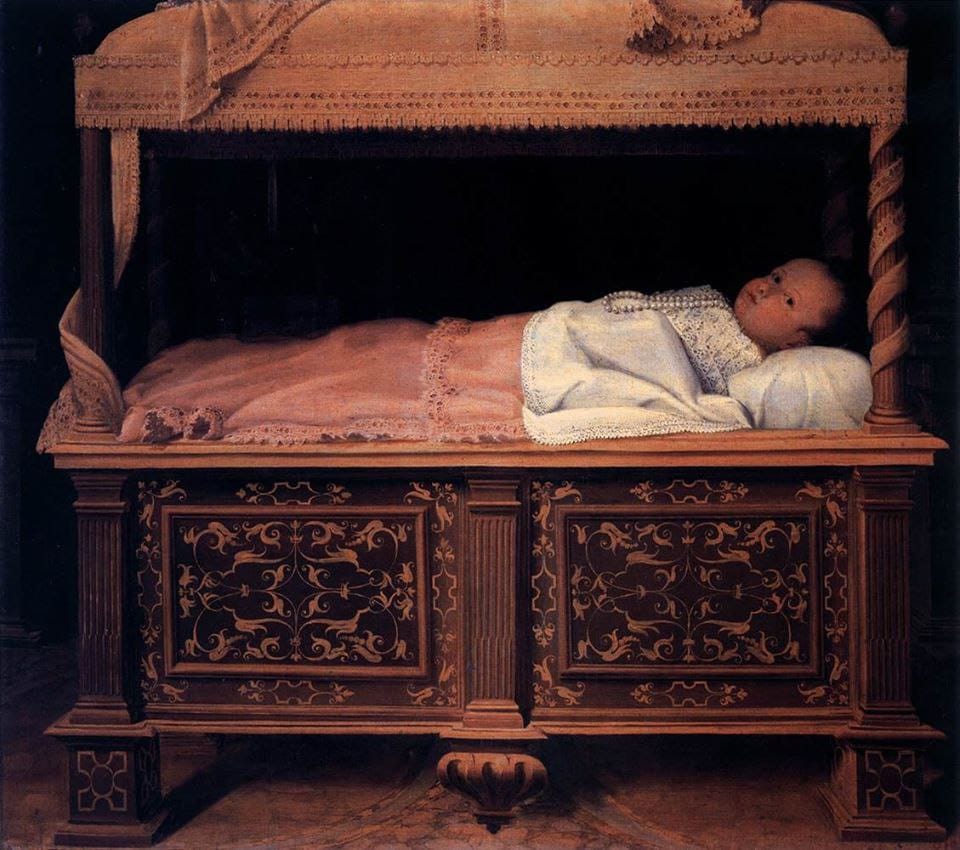 Child in a cradle resembling a tomb in Lavinia Fontana's painting of 1583
