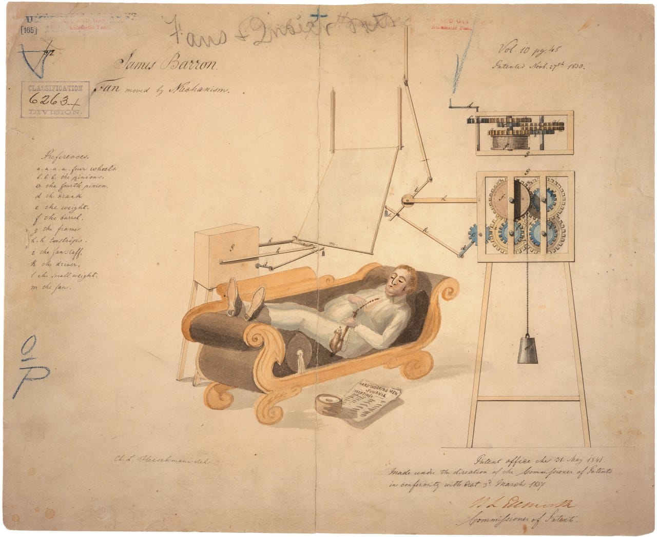 In 1830 American James Barron patented a mechanical fan with a hanging weight