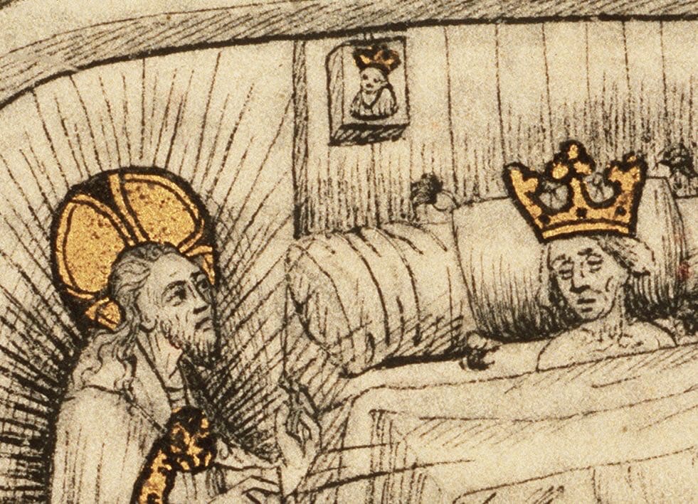 A touching detail from a fifteenth-century Utrecht Bible: beside the sickbed of an ailing queen hangs a tiny portrait of the king