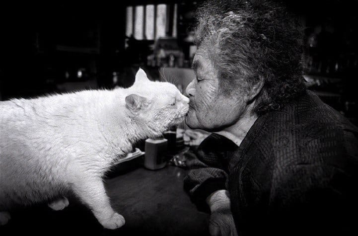 Photo en noir et blanc : une femme aux cheveux gris, yeux fermés, en vêtements sombres, embrasse un chat blanc debout sur une table dans une pièce sombre.