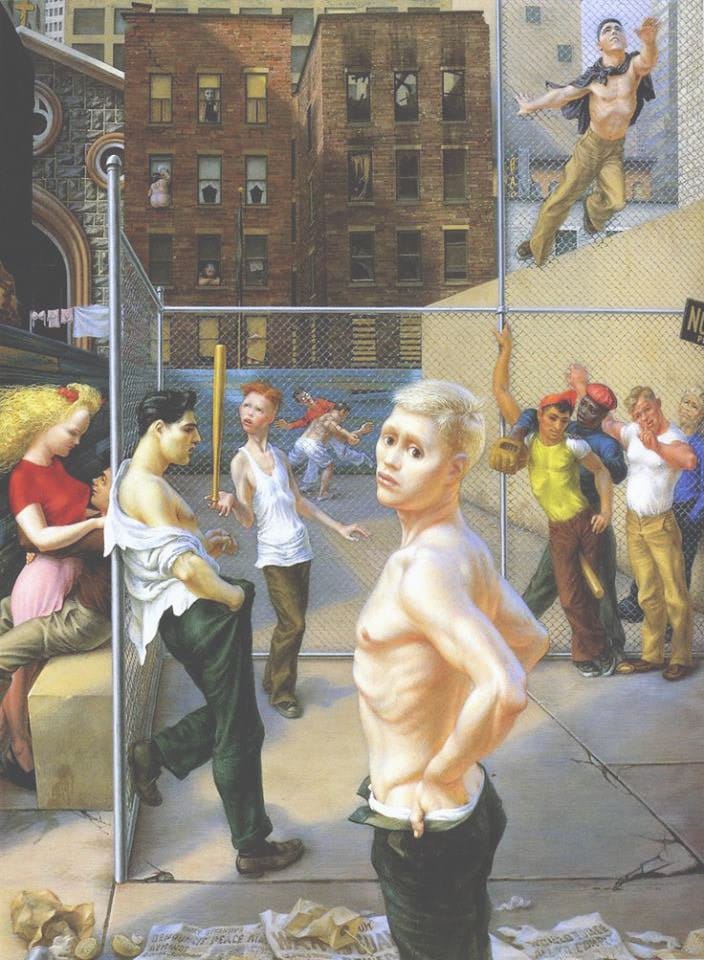 Peinture d'adolescents sur un terrain de jeu urbain derrière un grillage. Au premier plan, un jeune blond torse nu ; au fond, des immeubles de brique.