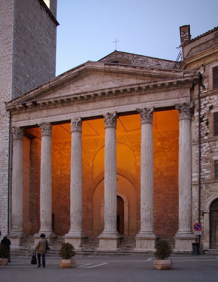 The Church of Santa Maria sopra Minerva, with its Roman portico of the 1st century BC, in the Italian town of Assisi