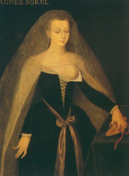 Portrait of Agnes Sorel in a dark laced dress and sheer veil, with one breast bare, her name inscribed at the top.