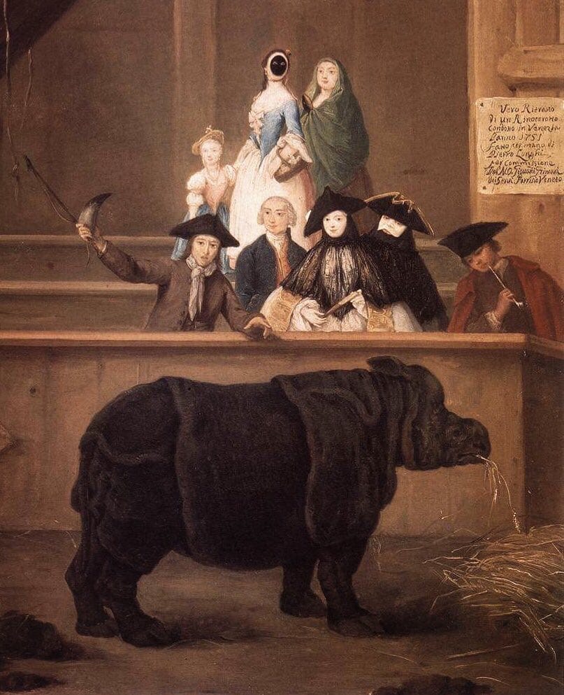 Eighteenth-century painting of a dark rhinoceros in a pen, with spectators in Venetian masks and tricorn hats behind a wooden barrier.