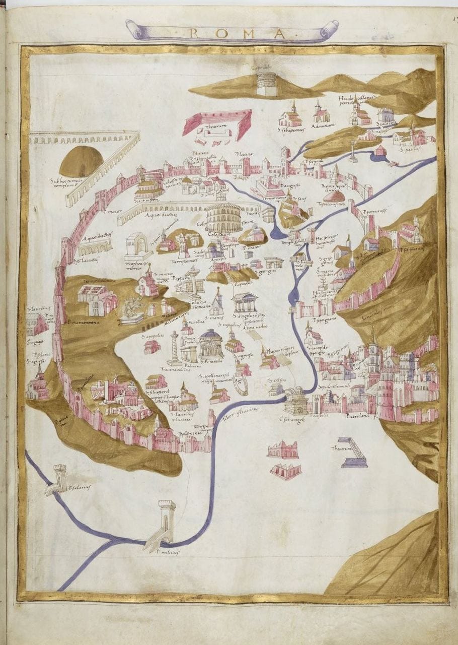 Map of Rome from a Ptolemy codex of the late 15th century with the Colosseum and Pantheon