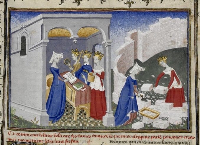 Early 15th century medieval miniature: three crowned women and Christine de Pizan raise the white stone walls of the City of Ladies.