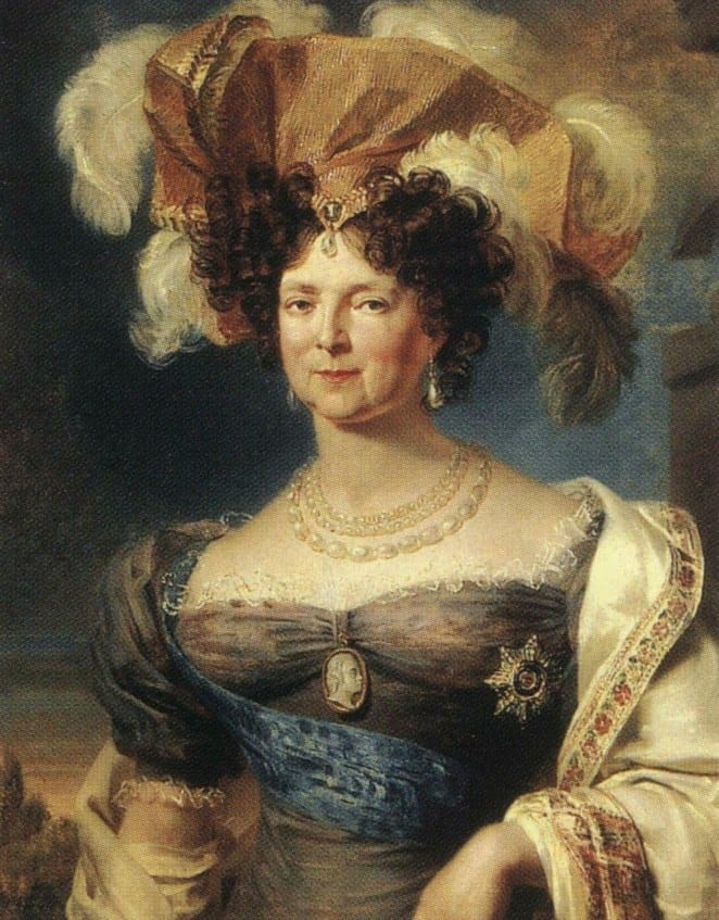 Painted portrait of a woman in a feathered headdress, wearing a pearl necklace, a blue sash and an order star.