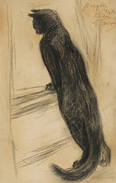Charcoal drawing of a black cat standing on its hind legs, front paws on a windowsill, looking out of the window.