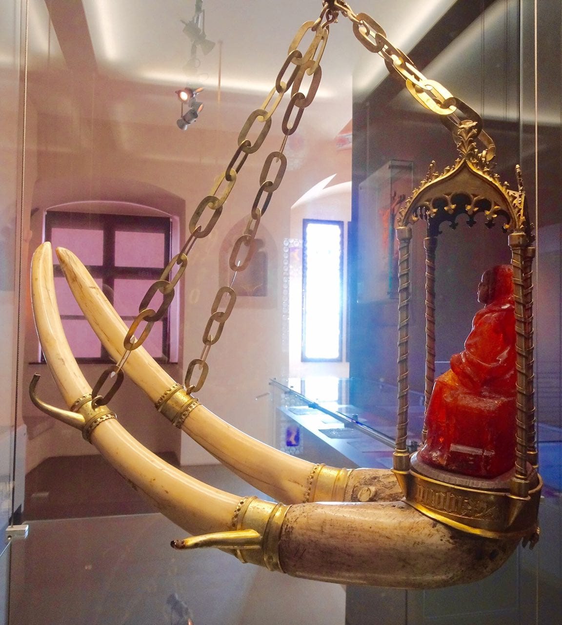 A unique fifteenth-century lamp with an amber sculpture of the Virgin Mary on a walrus-tusk pedestal belonged to Sophia, Queen of Bohemia, of the German house of Wittelsbach, who was known for her Hussite sympathies
