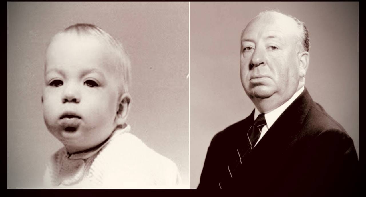 Two black-and-white photographs side by side: an infant on the left and an elderly balding man in a dark suit and tie on the right.