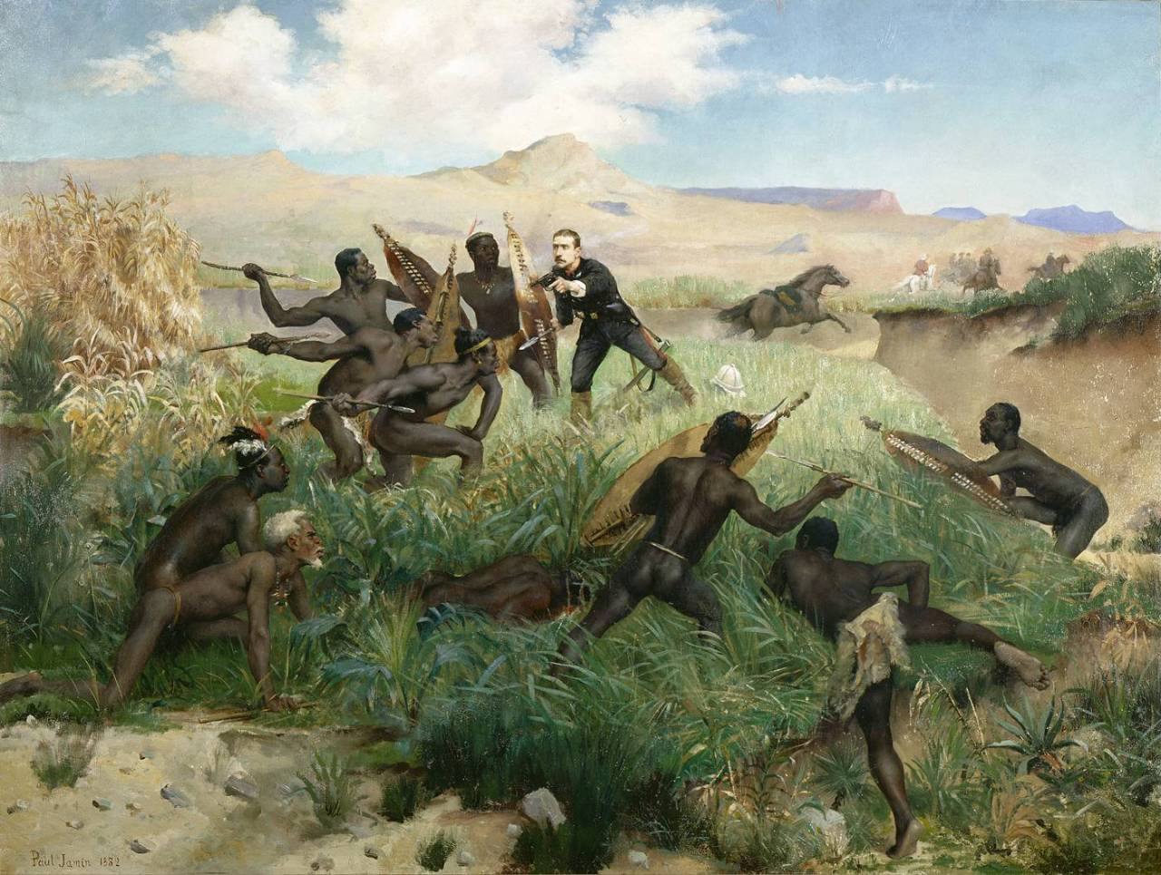 An officer in a dark uniform fires a pistol while warriors with spears and shields close in through tall grass, a horse galloping in the distance.