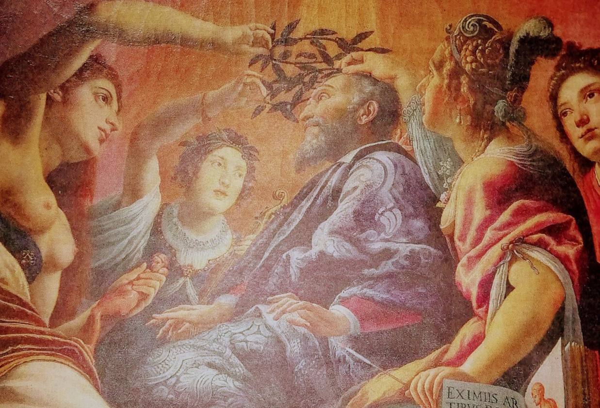 Detail of a painting: a bearded old man in a violet robe, with four female figures placing a laurel branch above his head.