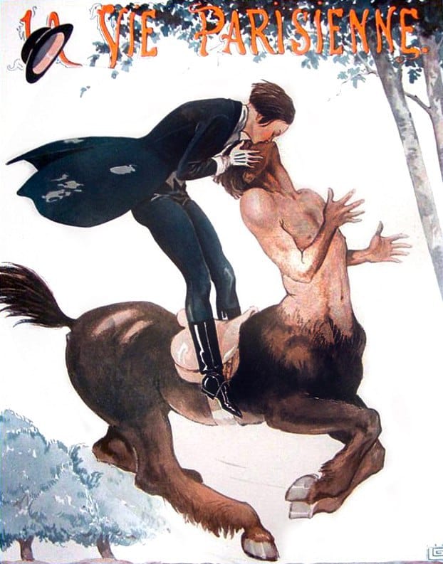 Illustration de couverture de La Vie Parisienne : une silhouette en redingote sombre et bottes, debout sur le dos d'un centaure, l'embrasse.