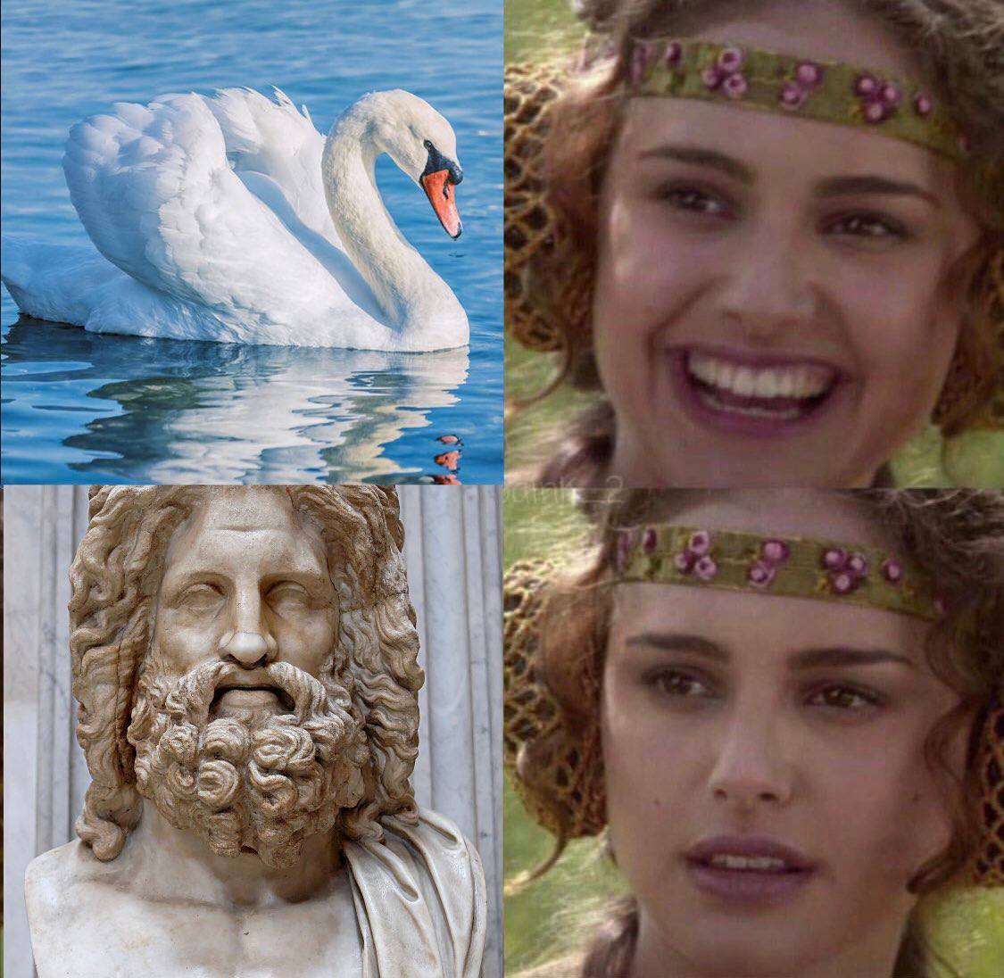 Quatre vignettes : un cygne blanc sur l'eau, un buste en marbre d'homme barbu, puis une femme à bandeau fleuri, souriante, puis perplexe.
