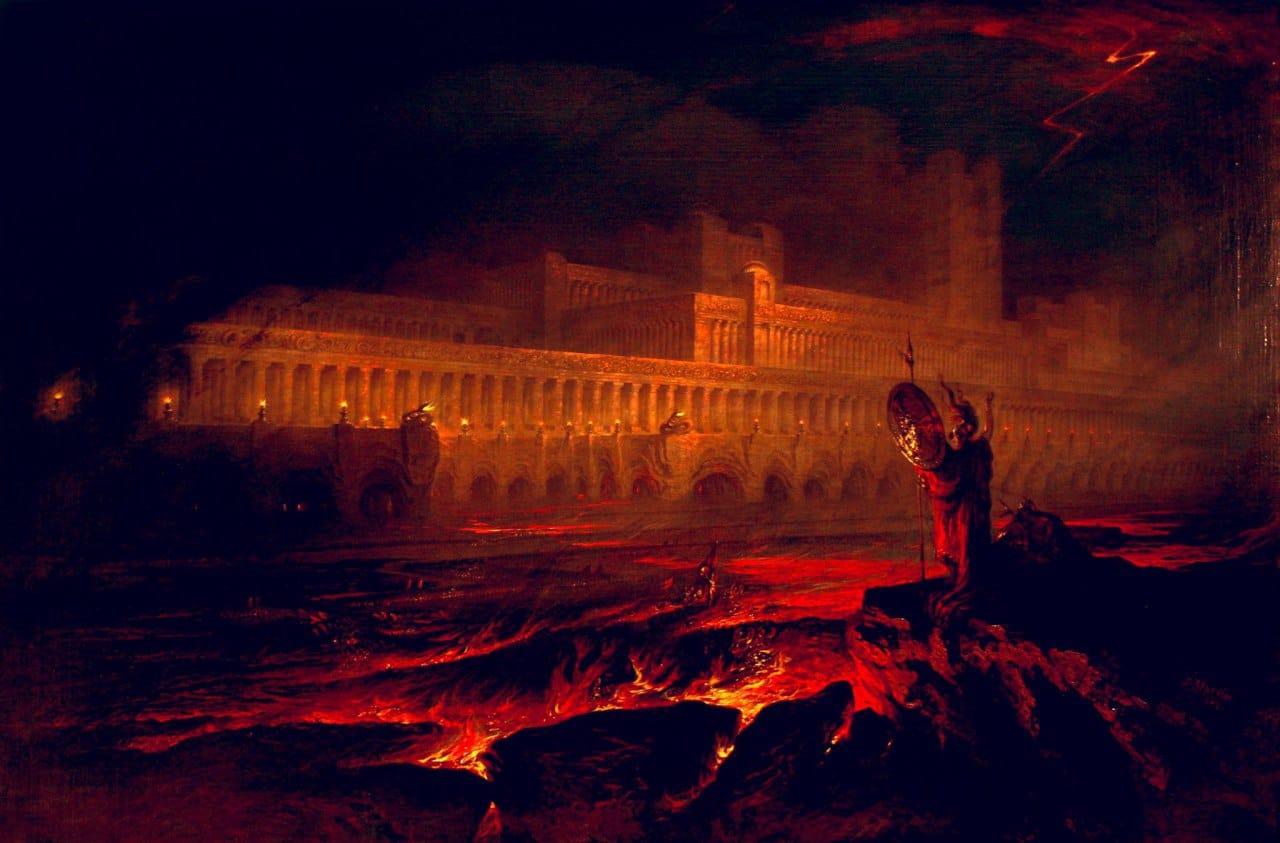 A vast torch-lit palace beside a river of fiery lava under a stormy sky, with a warrior holding a shield on a rock in the foreground.