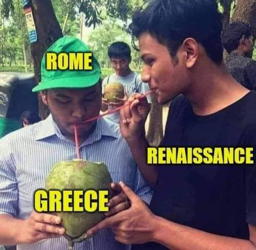 Deux hommes boivent avec des pailles dans une même noix de coco. Légendes : « Grèce » sur la noix, « Rome » sur l'homme à casquette verte, « Renaissance » sur celui en T-shirt noir.
