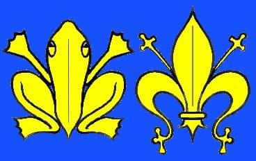 Two yellow heraldic figures on a blue field: a stylised toad on the left and a fleur-de-lis on the right.
