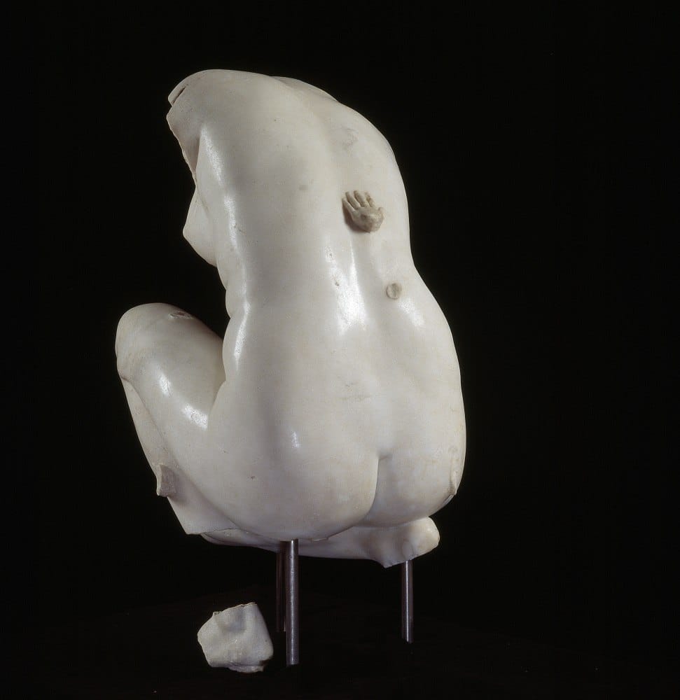 Marble torso of a crouching nude Aphrodite seen from behind against a black background, with a small fragment of a hand on the back.
