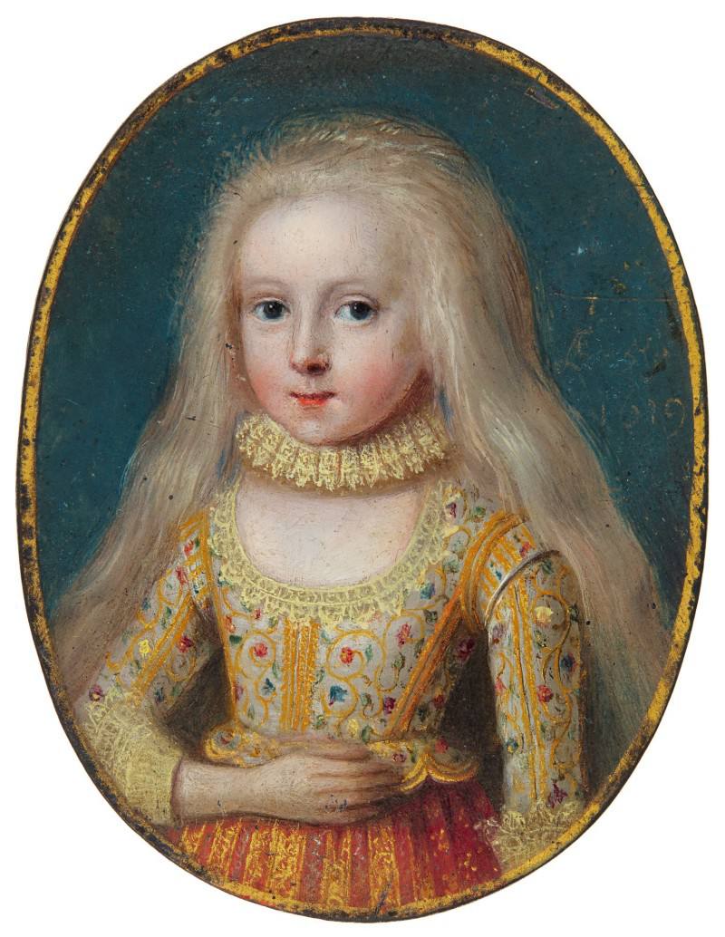 Oval miniature of a girl with long fair hair, a lace collar and a dress embroidered with flowers, against a blue background, with the date 1619 at right.