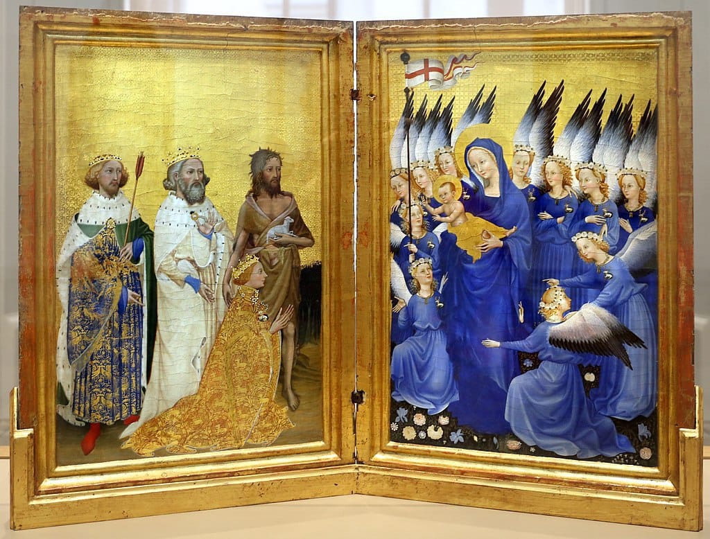 Diptyque doré ouvert : à gauche un roi agenouillé avec deux saints, à droite la Vierge en bleu portant l'Enfant, entourée d'anges vêtus de bleu.