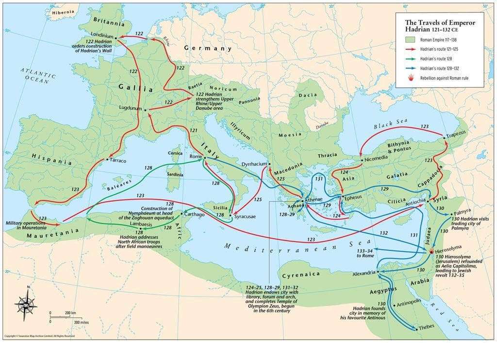 Carte des voyages de l'empereur Hadrien à travers les villes et les provinces de l'Empire romain