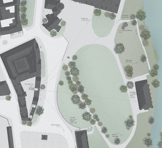 Plan architectural vu du dessus : pelouse ovale verte avec bosquets, chemins, bâtiments sombres à gauche et en bas, rivière à droite. De petites légendes annotent le plan.