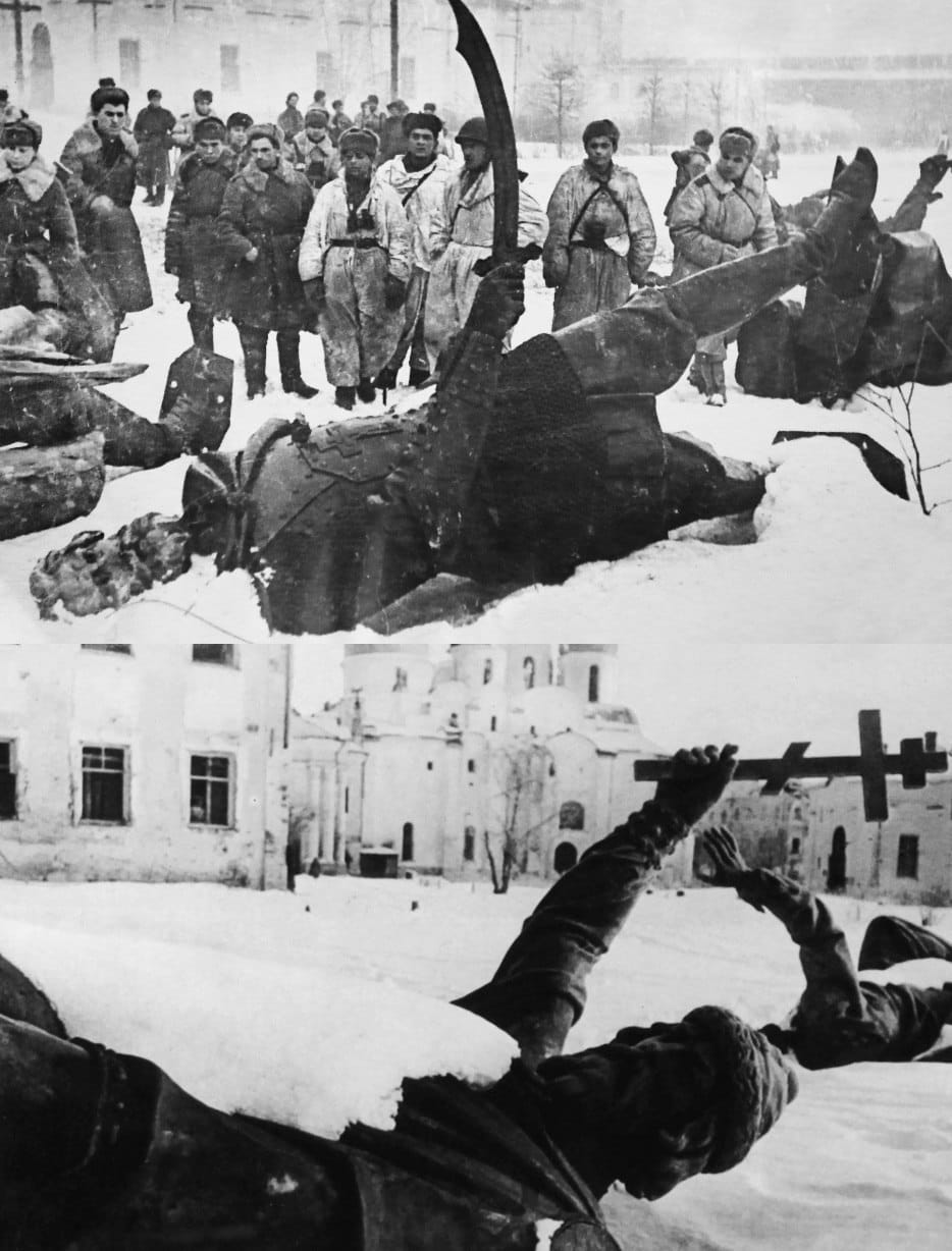 Figures from the Millennium of Russia: the first Romanov, Prince Pozharsky Mikhail with his sword drawn in defence of the fatherland amid our soldiers, and Vladimir Sviatoslavich with a cross raised to heaven, lying in the snow