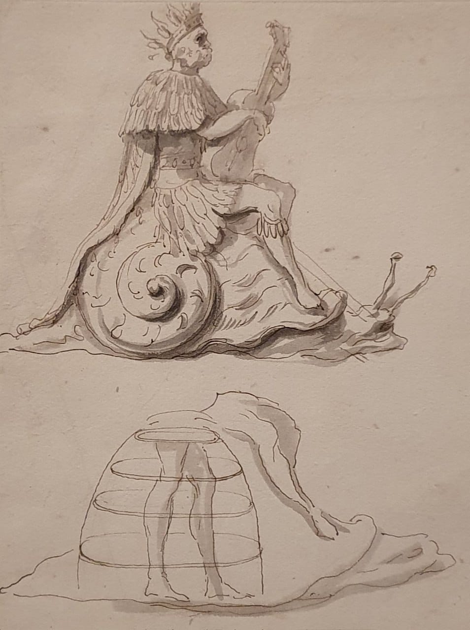 Costume design by Jean Berain for a guitarist riding a snail, 17th century