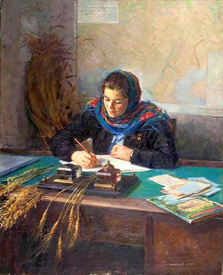 A young woman in a bright headscarf writes at a desk with an inkstand, with ears of wheat, letters and a book beside her.