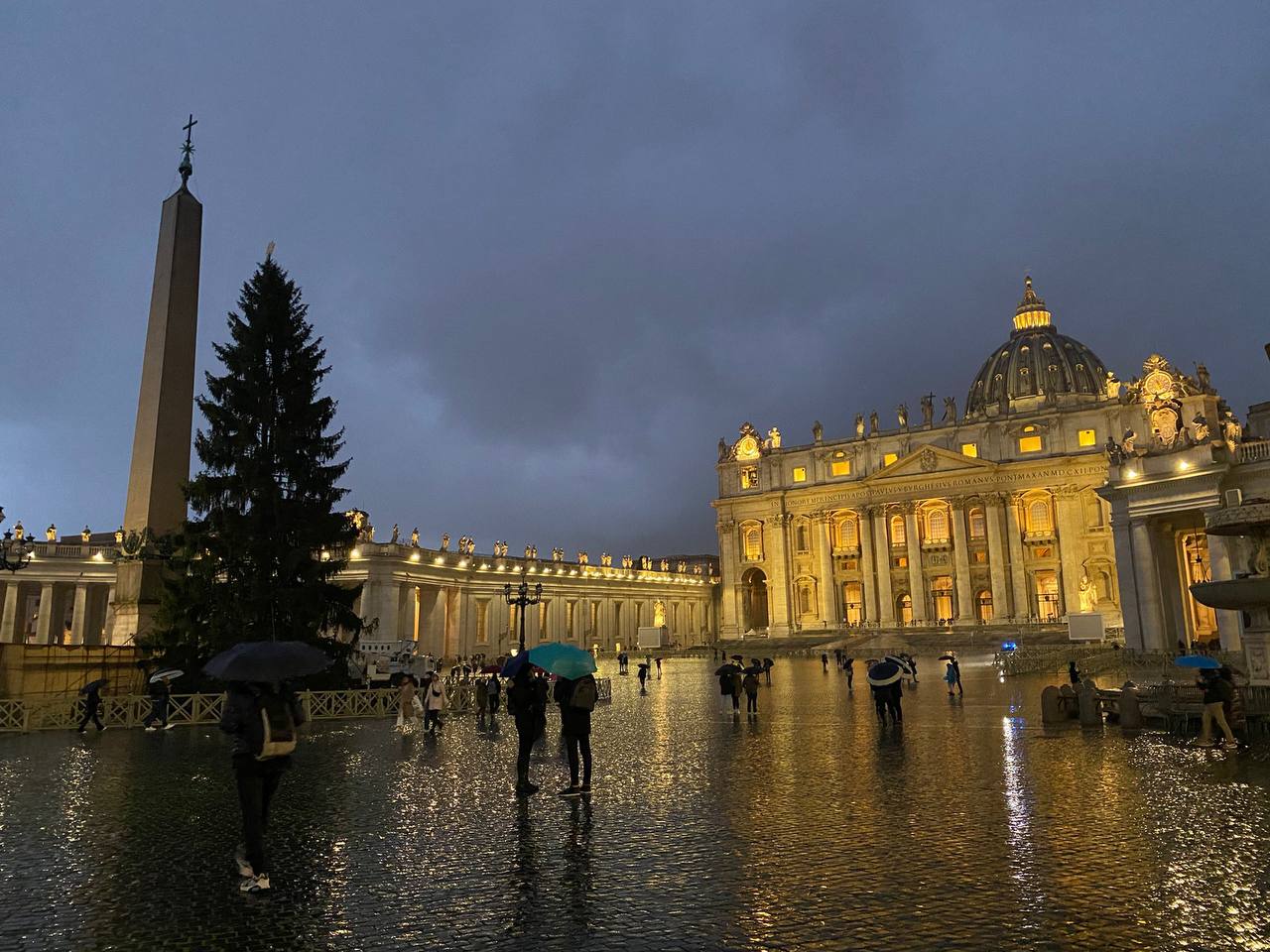 Rainy evening in Saint Peter's Square with a tall fir tree, the obelisk, the lit basilica facade and people with umbrellas on wet paving.