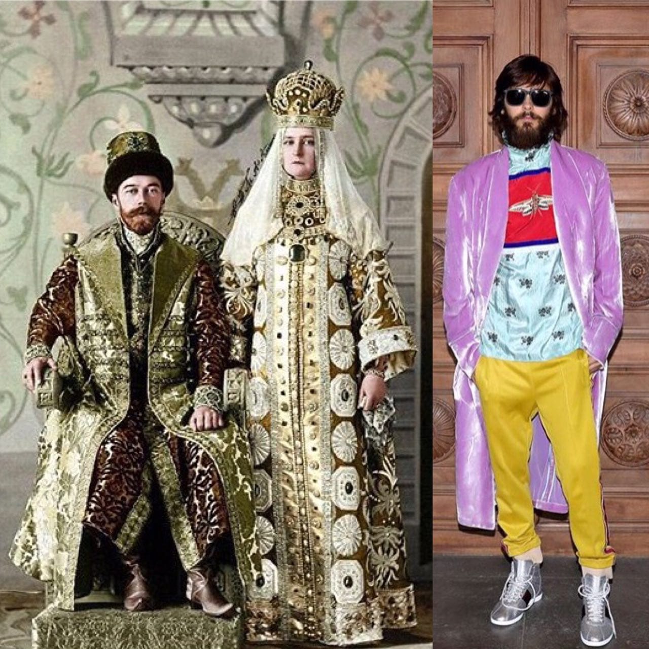 Nicholas II as Alexei Mikhailovich, Alexandra Feodorovna as Maria Miloslavskaya at the costume ball of 1903 in the Winter Palace, and Jared Leto at the Gucci Cruise 2018 show in the Palazzo Pitti, Florence
