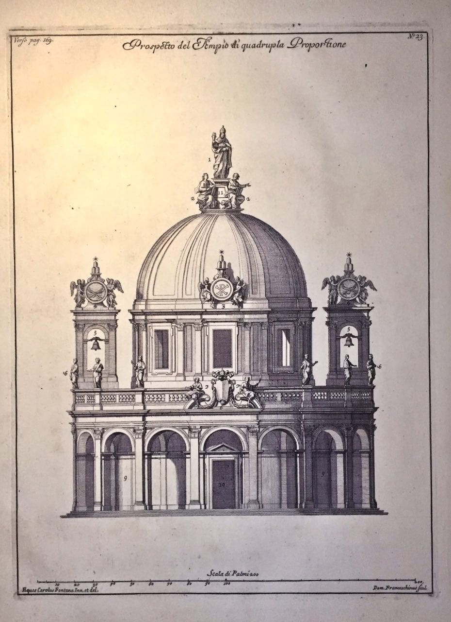 Gravure d'une façade de temple avec arcades, balustrade, deux clochers ornés de statues et un dôme central surmonté d'une figure. Titre : Prospetto del Tempio di quadrupla Proportione.