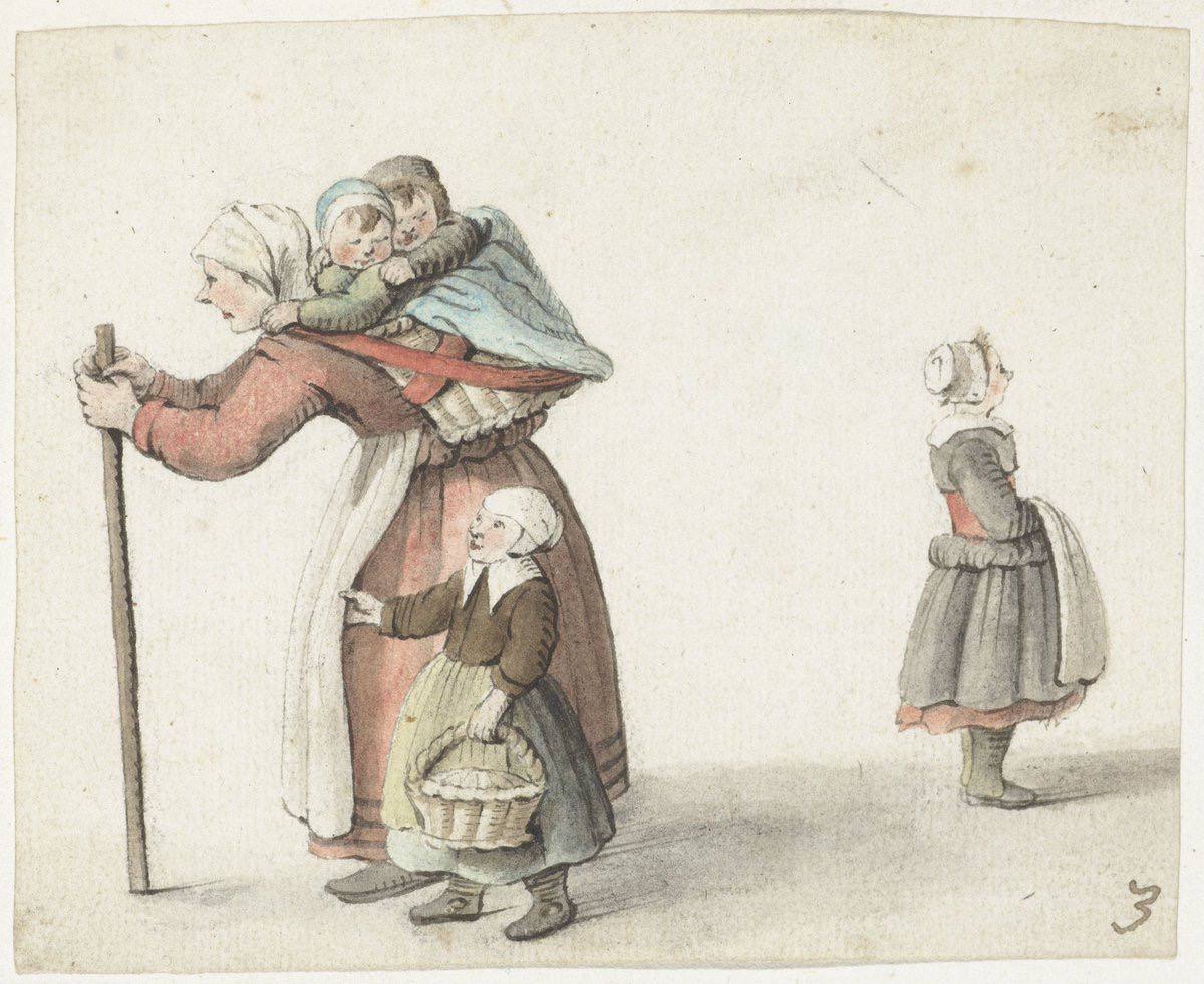 Gesina's 1651 drawing of a woman with two children in a carrying basket