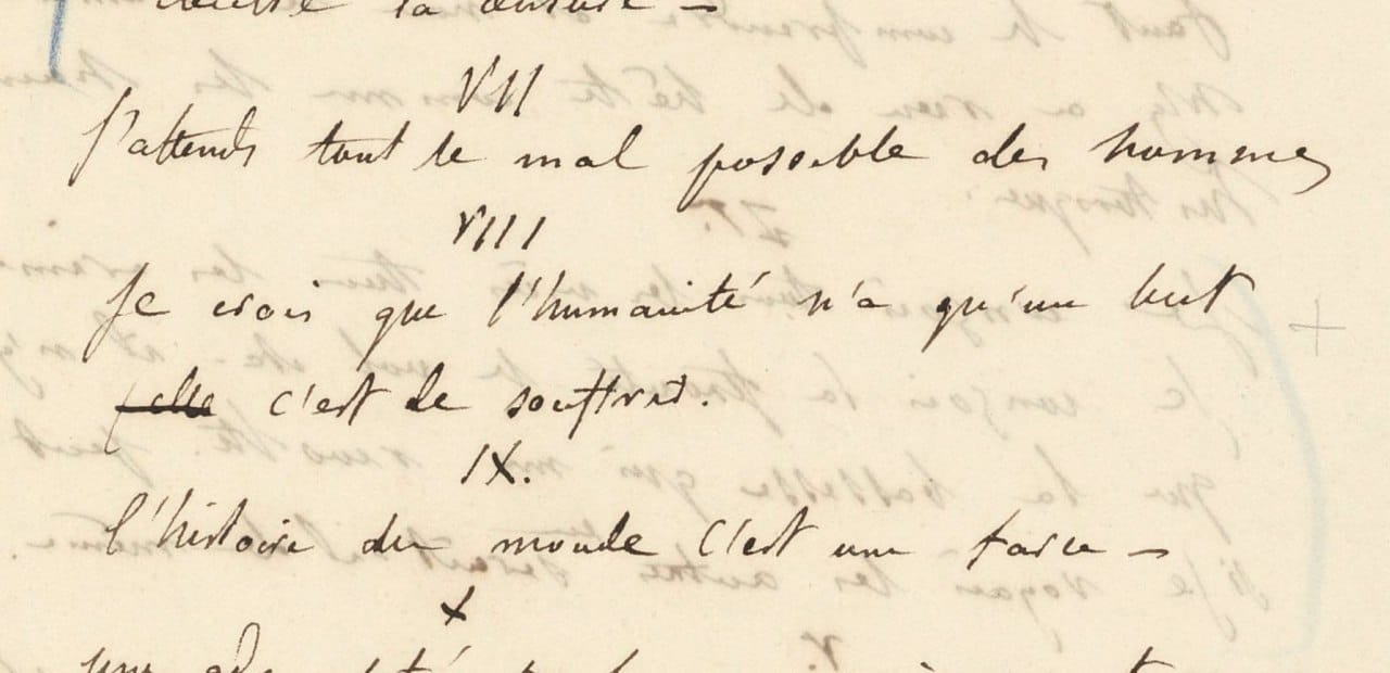 Handwritten French manuscript page with numbered thoughts, including entries on the aim of humanity and on world history.
