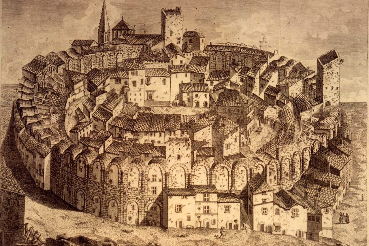 The Roman amphitheatre of the 1st century in Arles survives in fine condition: from the 6th century it served as a fortress with towers and two hundred buildings, but by the 19th century these structures were demolished, restoring the amphitheatre to its