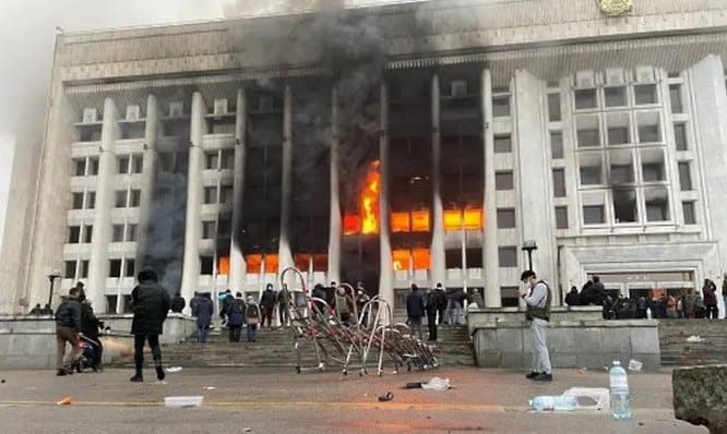 The burnt-out akimat building of Almaty, that is, the city hall or municipal administration, formerly, before the capital was moved to Astana, the Presidential Palace