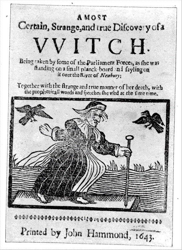 The Moscow flood brings to mind a 1643 woodcut of an epic witch seen floating on a plank down the River Kennet at Newbury in England