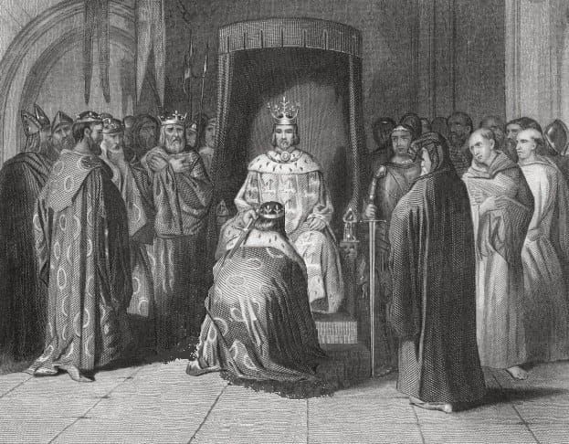 Gravure d'un roi assis sur un trône sous un dais, devant lequel un homme couronné est agenouillé, entouré de courtisans.