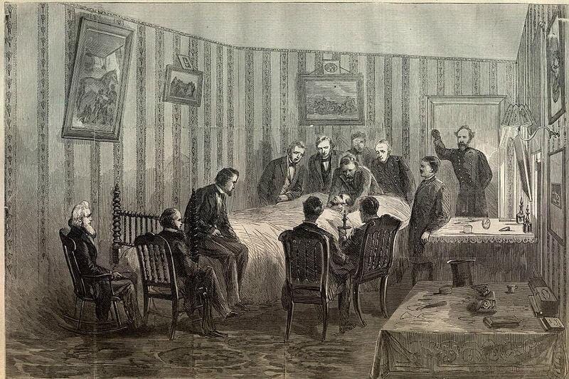 On the morning of 15 April 1865, Abraham Lincoln, President of the United States, died at the age of 56; the previous evening he had been mortally wounded by a gunshot at Ford's Theatre in Washington
