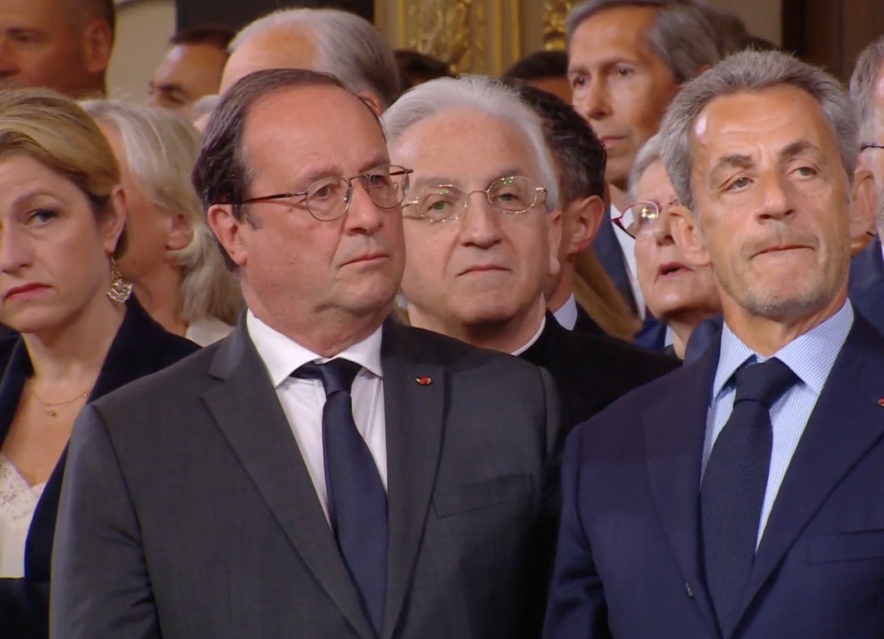François Hollande and Nicolas Sarkozy, the 24th and 23rd Presidents of France, at the inauguration of Emmanuel Macron, the 25th President of France
