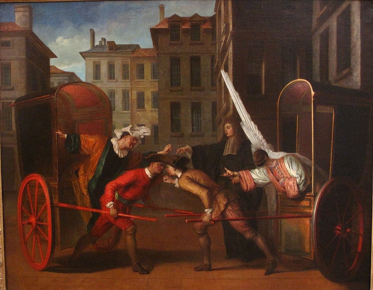 In the painting, two servants butt heads on a city street between two carriages, with their masters leaning out and a man in black standing between.