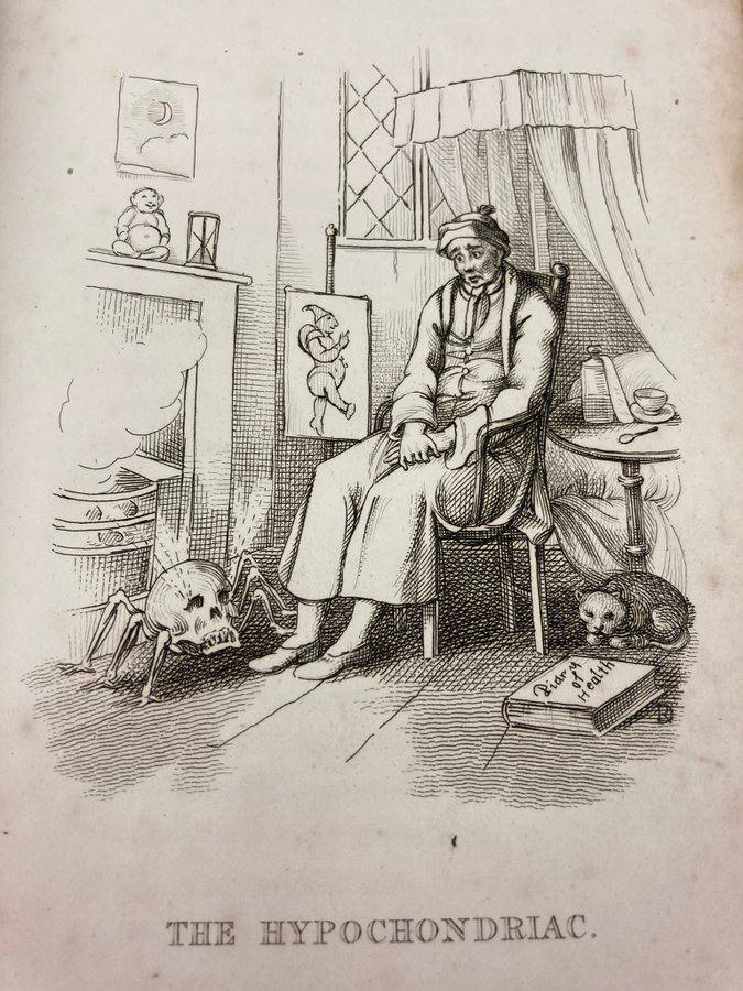 Gravure d’un homme coiffé d’un bonnet assis dans un fauteuil, avec à ses pieds une araignée au corps de crâne, un chat et un livre « Diary of Health ».