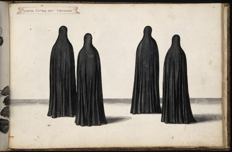 Four figures in long black hooded cloaks on an album page captioned Première entrée des fantosmes.