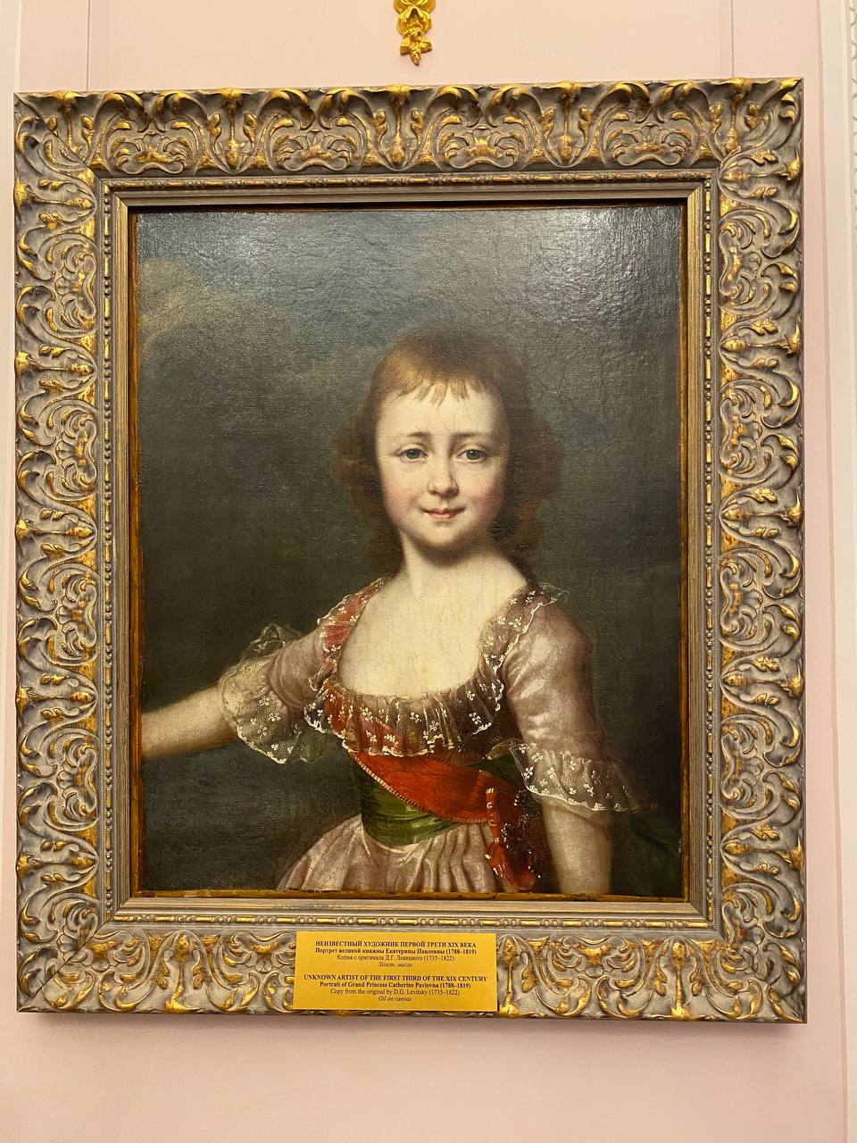 Portrait d'une fillette aux boucles châtains, en robe rose bordée de dentelle avec une ceinture rouge, dans un cadre doré. Le cartel indique : artiste inconnu du XIXe siècle, huile sur toile