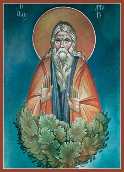 Icône byzantine : un saint nimbé, aux longs cheveux et à la barbe blancs, en robe orange, lève les paumes. Un feuillage l'entoure en bas ; inscription grecque « Ο ΑΓΙΟΣ ΔΑΥΙΔ ».
