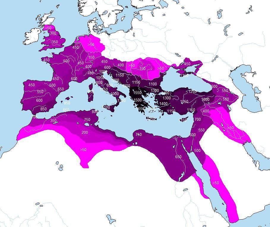 A curious map showing how many years each region was part of the Roman Empire, Eastern and Western alike